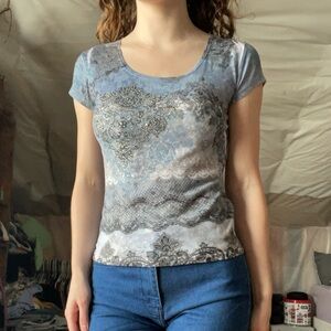 💙 Bohemian Scoop Neck T Shirt, Women’s Shirts, Blue Lace Design, Comfort, Casual